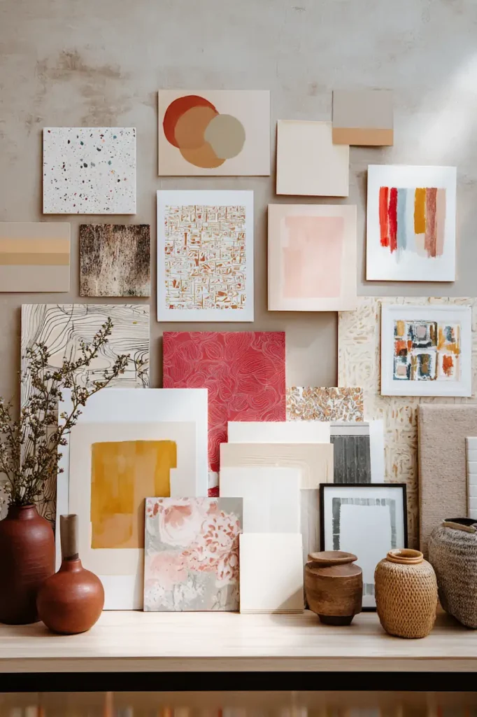 Different printable wall art styles displayed on various paper types, showing how paper choice influences mood, texture, and visual harmony.
