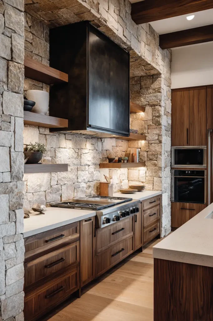 Textured refractory panels as heat-safe decor above kitchen stove.