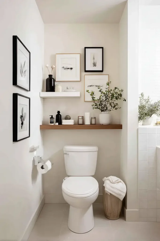 Correctly sized wall decor above the toilet with balanced spacing and proportions