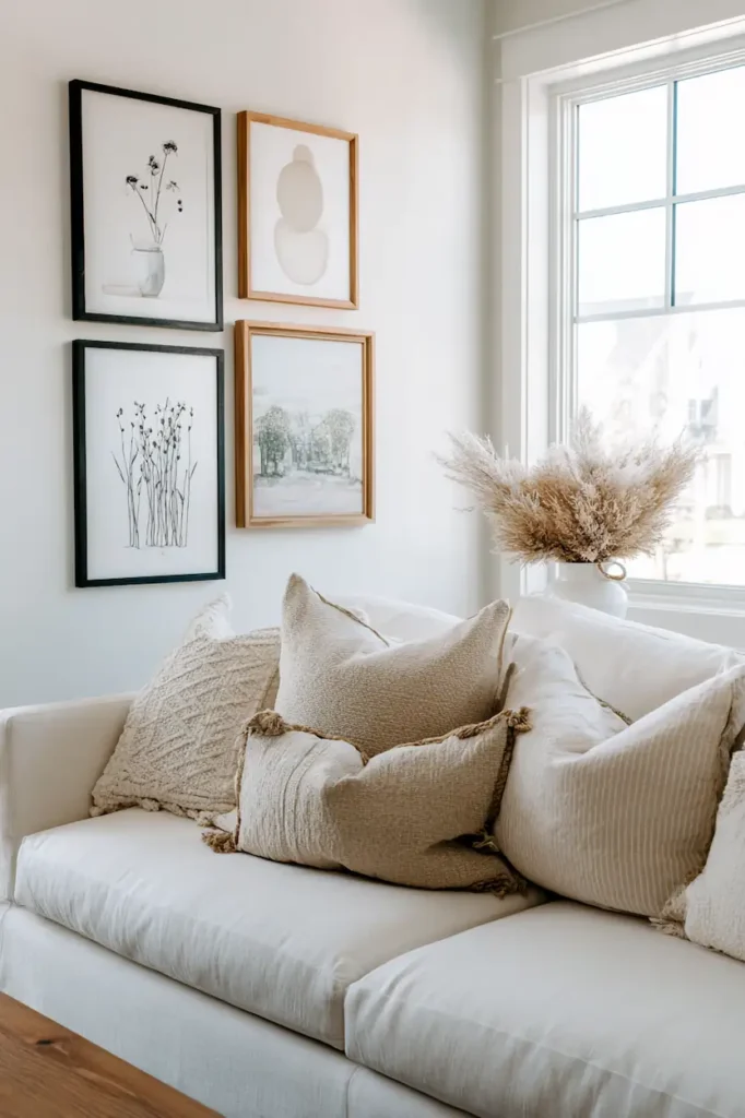 Above sofa wall decor with vertical farmhouse art softening the couch line