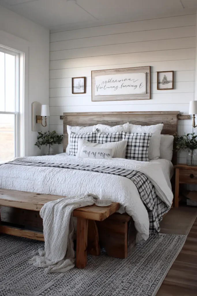 Farmhouse bedroom quote sign above the bed in a soft neutral interior