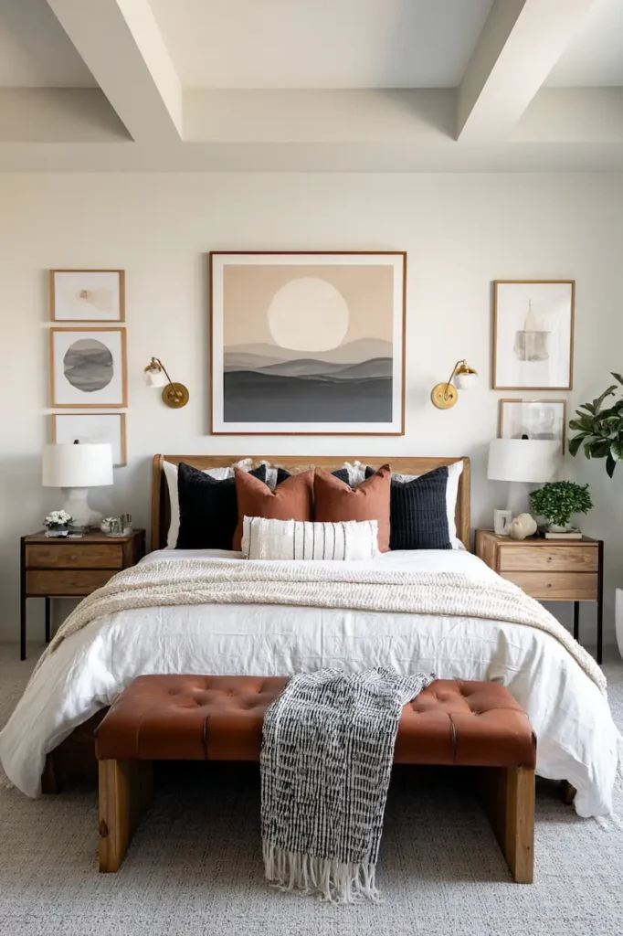 Wall decor above the bed with poor spacing causing visual tension