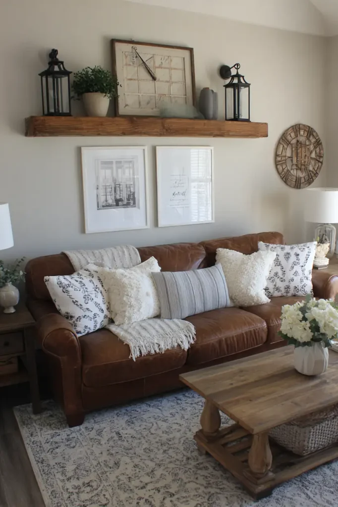Living room decor above the couch creating a balanced and anchored farmhouse look
