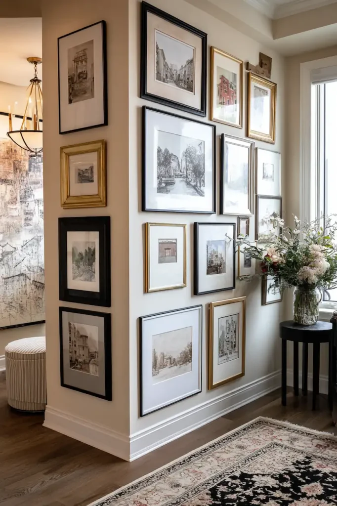 Tightly spaced gallery wall forming a single bold visual statement