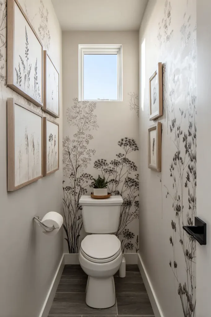 Vertical botanical wall art above toilet in small bathroom