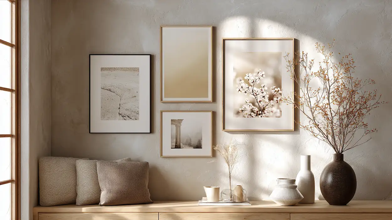 Modern living room featuring wall art without nails in a clean, minimalist interior