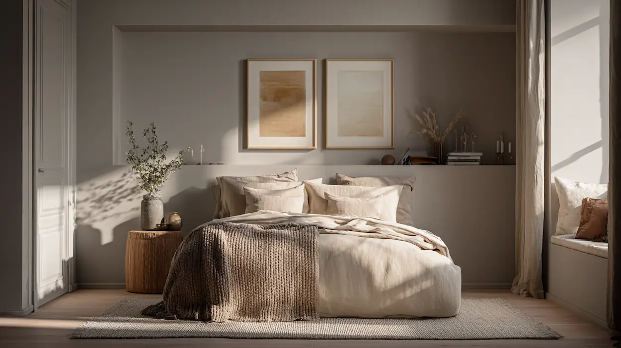 Minimal wall decor above the bed in a calm modern bedroom with natural light