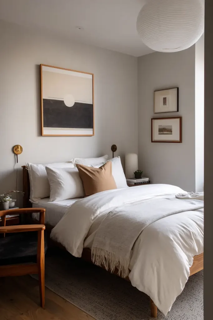 Incorrect wall decor above the bed causing visual imbalance