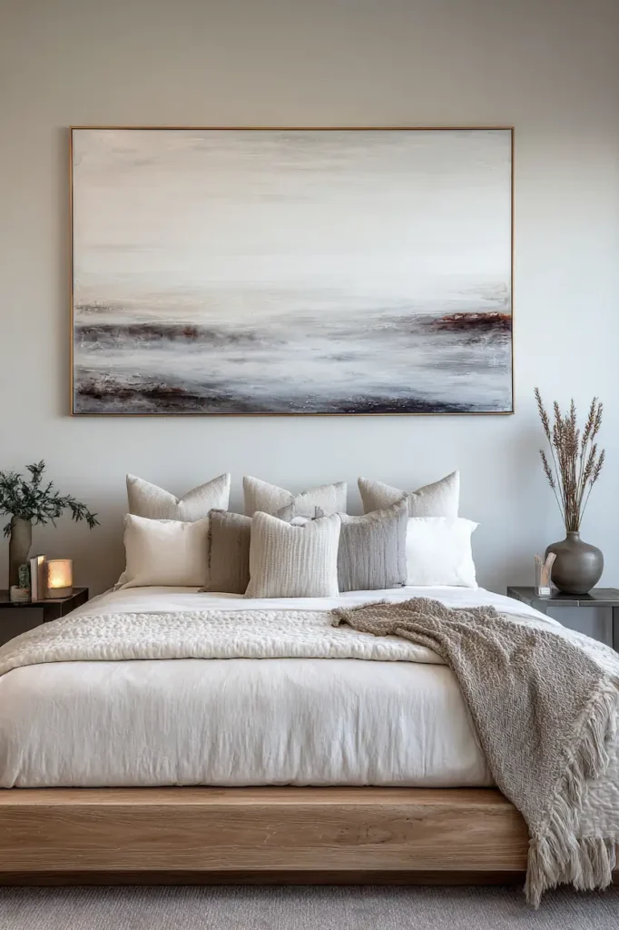 Wall decor above the bed used as a visual anchor in a bedroom