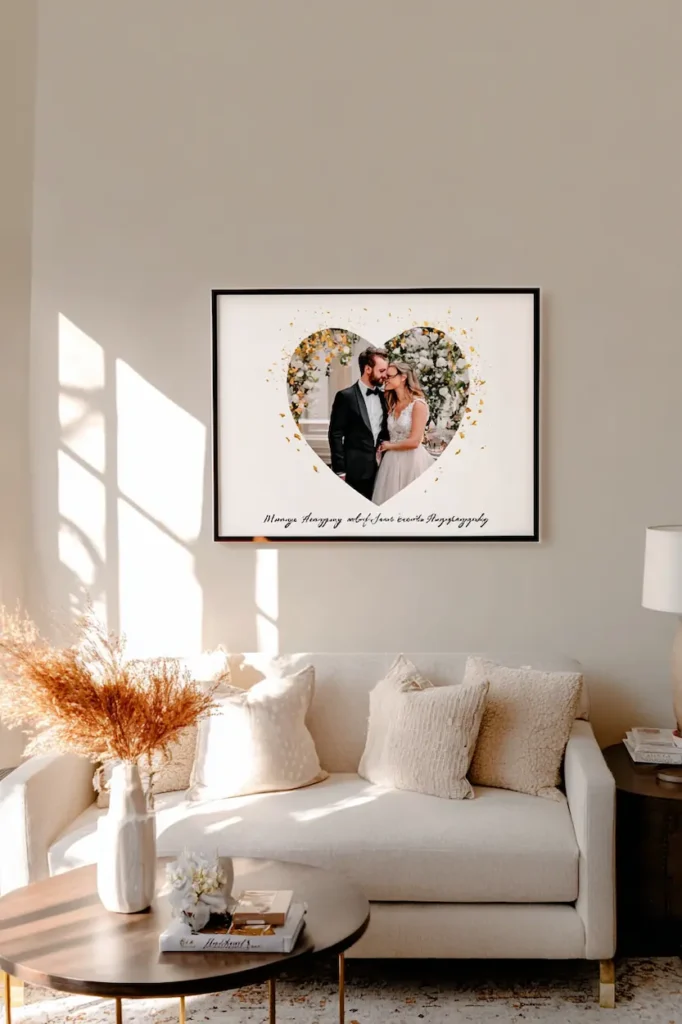 Wedding wall art used as a focal point in a modern living room with neutral decor.