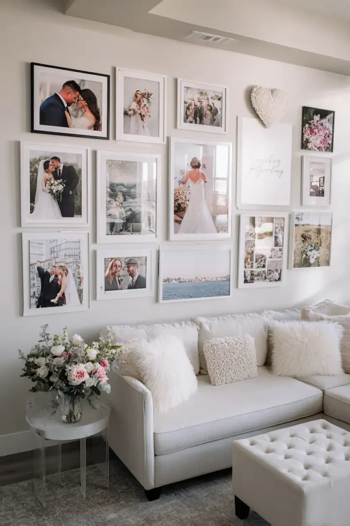 Gallery wall combining wedding photos and anniversary wall art in a neutral interior.