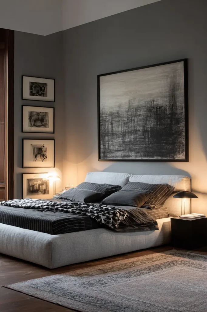 Well-proportioned wall decor above the bed in a modern bedroom