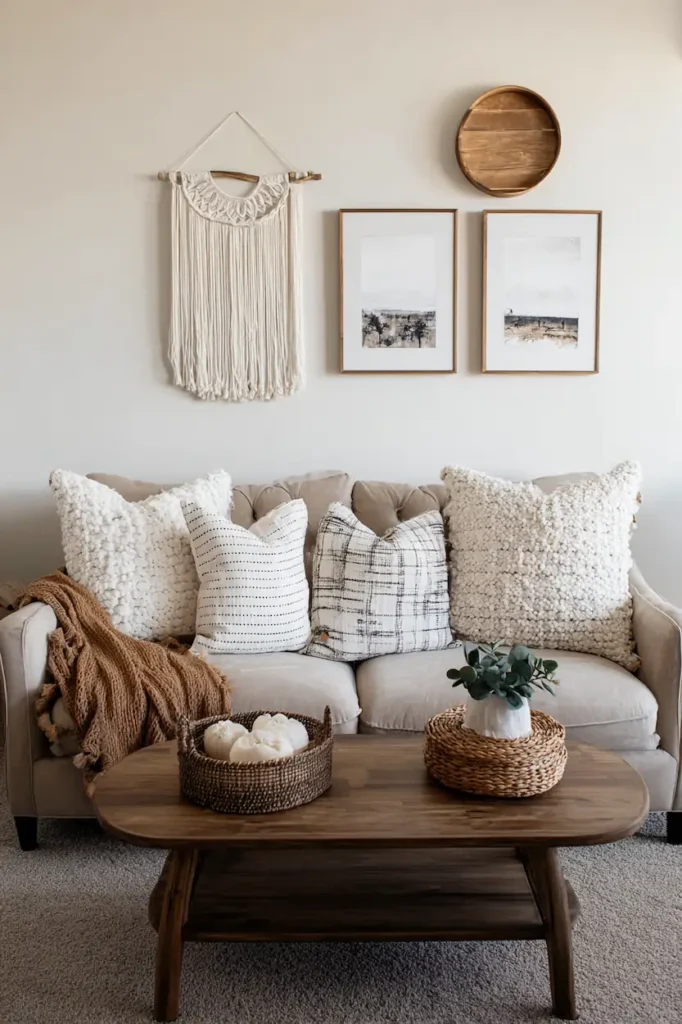 Textured farmhouse wall decor above the sofa with wood and natural materials
