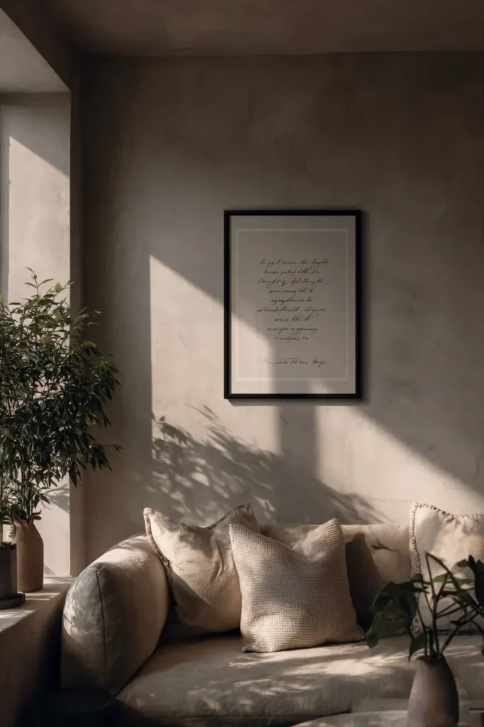 Minimalist living room wall transformed by custom quote wall art creating a calm emotional presence.