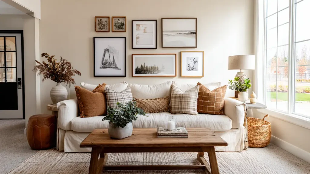 A modern farmhouse living room with layered wall decor above the couch in warm natural light