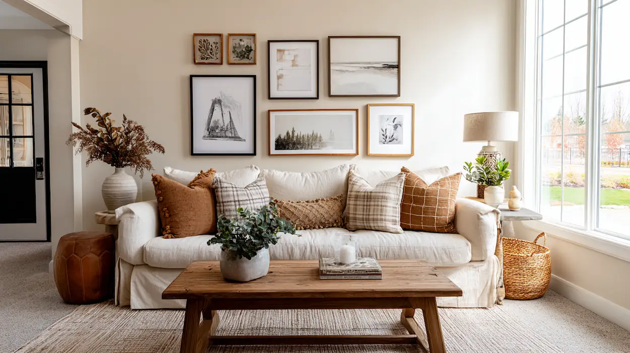 A modern farmhouse living room with layered wall decor above the couch in warm natural light