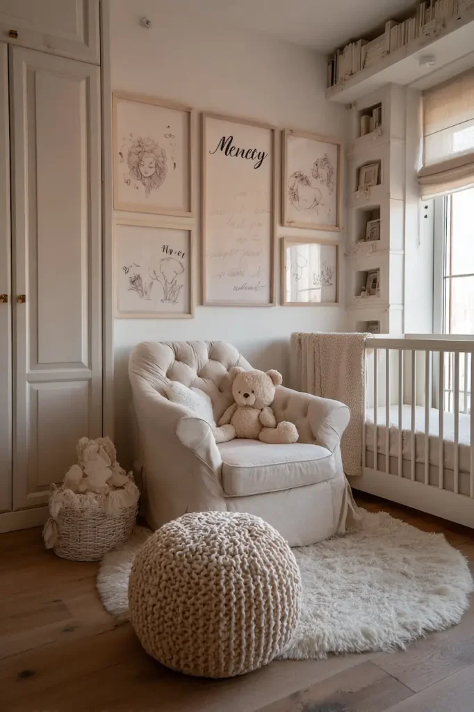 An emotional and calming nursery wall featuring soft baby name wall art.