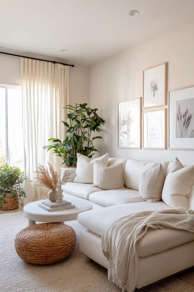 A trendy living room where family wall art blends naturally into a modern interior.