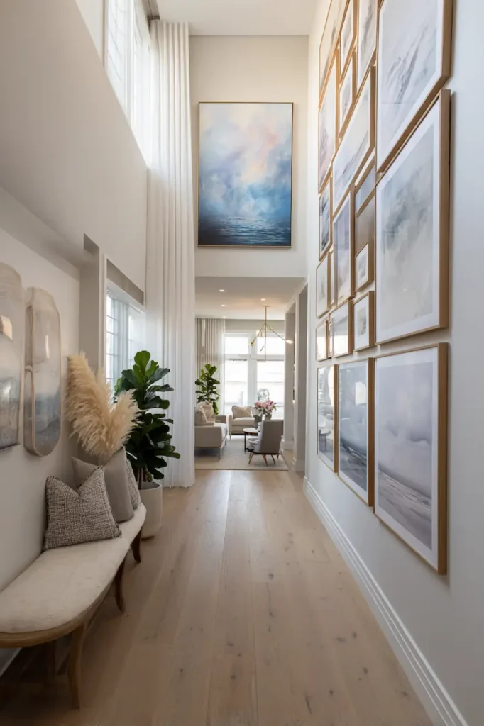 Wide spacing in a gallery wall allowing each artwork to breathe