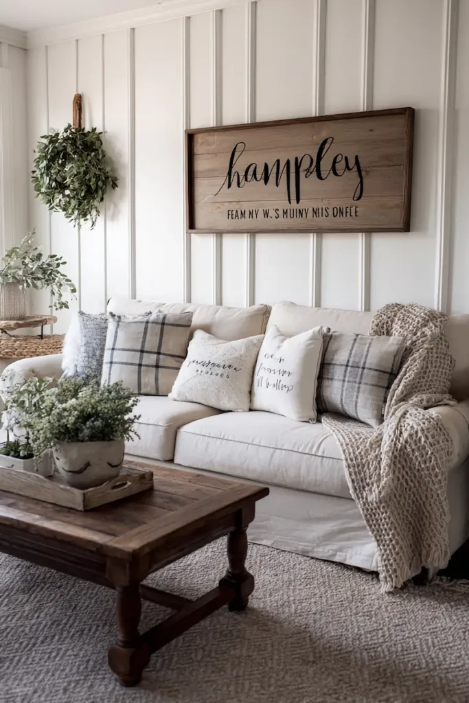 Farmhouse quote sign wall decor above the couch in a warm living room