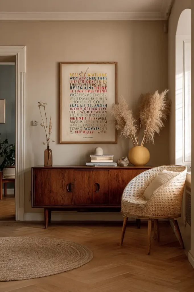 Retro wall decor featuring vintage-style quote wall art in a warm interior.