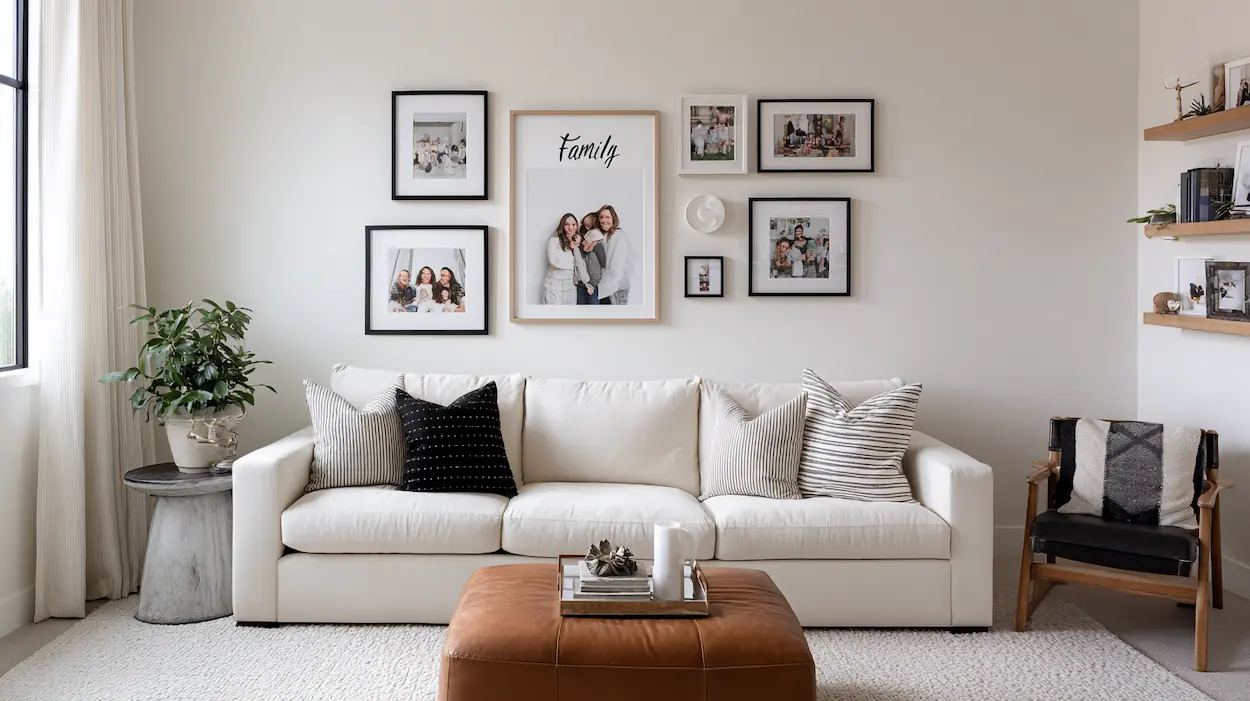 A calm modern living room featuring simple family name wall art and softly arranged family photos on the wall.