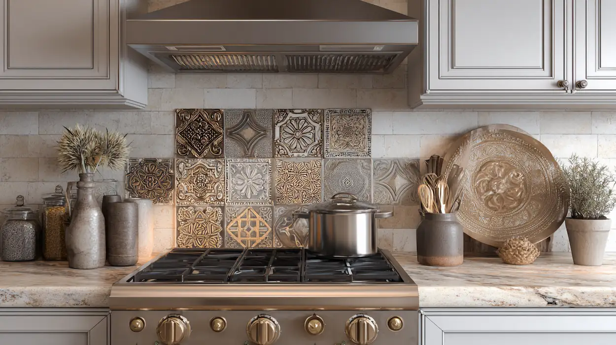 Heat-safe kitchen wall decor above the stove with ceramic and metal pieces.